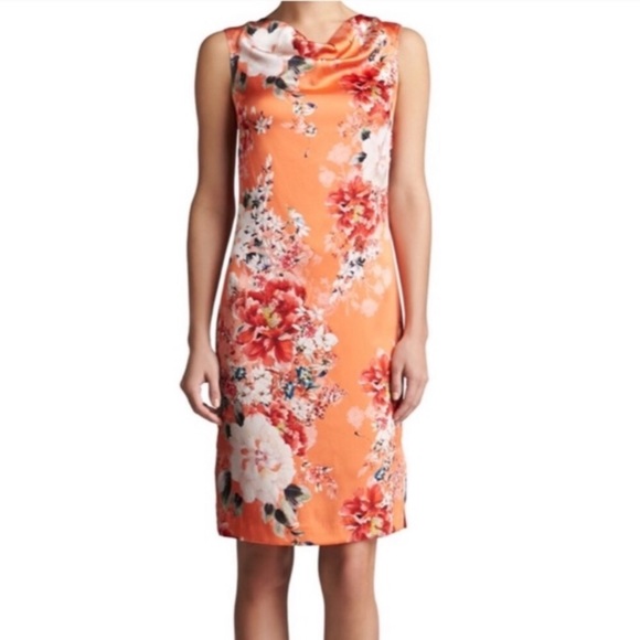 St. John Silk Chrysanthemum Charmeuse Orange Floral Cowl Drape Shift Mini Dress - Picture 10 of 10